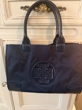 Tory Burch Navy Logo Tote with Patent Handles